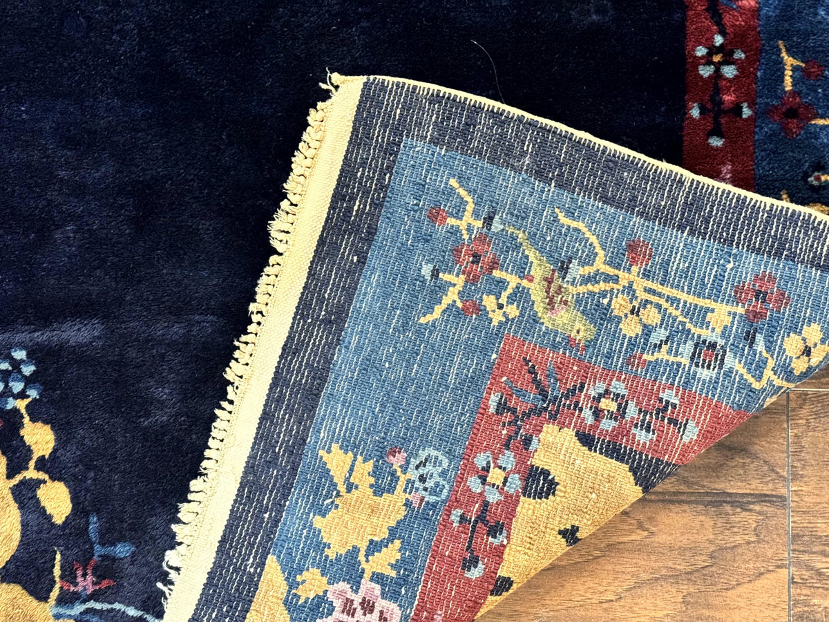 Antique Chinese Peking Rug 3x6, Dark Blue, Bird Motif, Handmade Wool Art Deco Asian Oriental Carpet, Pair B - Jewel Rugs, view 11
