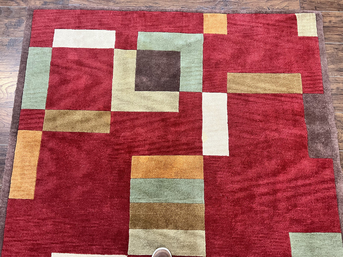 Indo Tibetan Modern Rug 5x8, Abstract Rug 5 x 8 ft, Red Multicolor Wool Handmade Contemporary Area Rug - Jewel Rugs, view 4