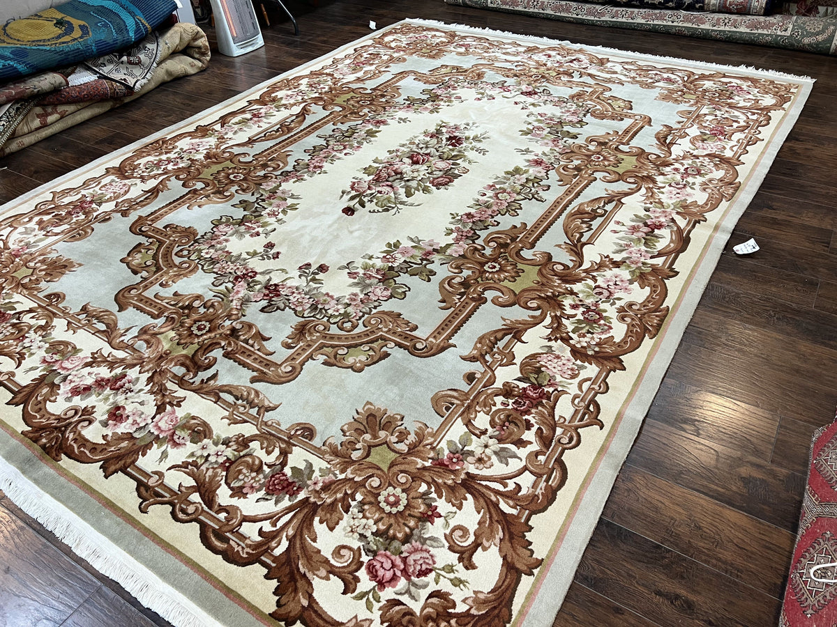 Aubusson Rug 10x13, Cream and Light Mint Green Hand Knotted Handmade French Savonnerie European Carpet, Wool Pile, Large Room Sized Vintage - Jewel Rugs, view 3