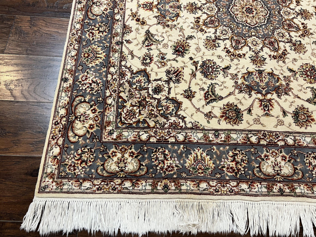Sino Persian Square Rug 5x5, Very Fine Oriental Carpet, Wool & Silk Highlights, Ivory, Hand Knotted Handmade Vintage Traditional Rug - Jewel Rugs, view 9