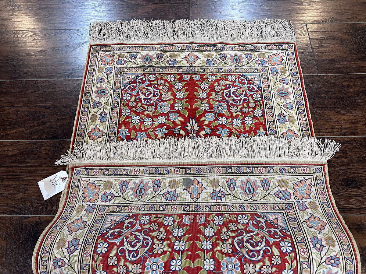 Silk Turkish Kayseri Rug 2x3, Small All Silk Turkish Carpet, Red and Light Blue, Very Fine Hand Knotted Semi Antique Vintage Handmade Rug - Jewel Rugs, view 11