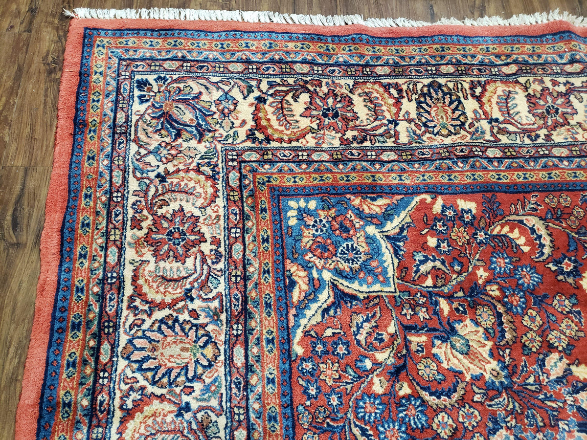Semi Antique Persian Sarouk Rug 9x12, Semi Open Field with Central Medallion, Hand Knotted Wool, Tomato Red, 9 x 12 Authentic Oriental Carpet - Jewel Rugs, view 7