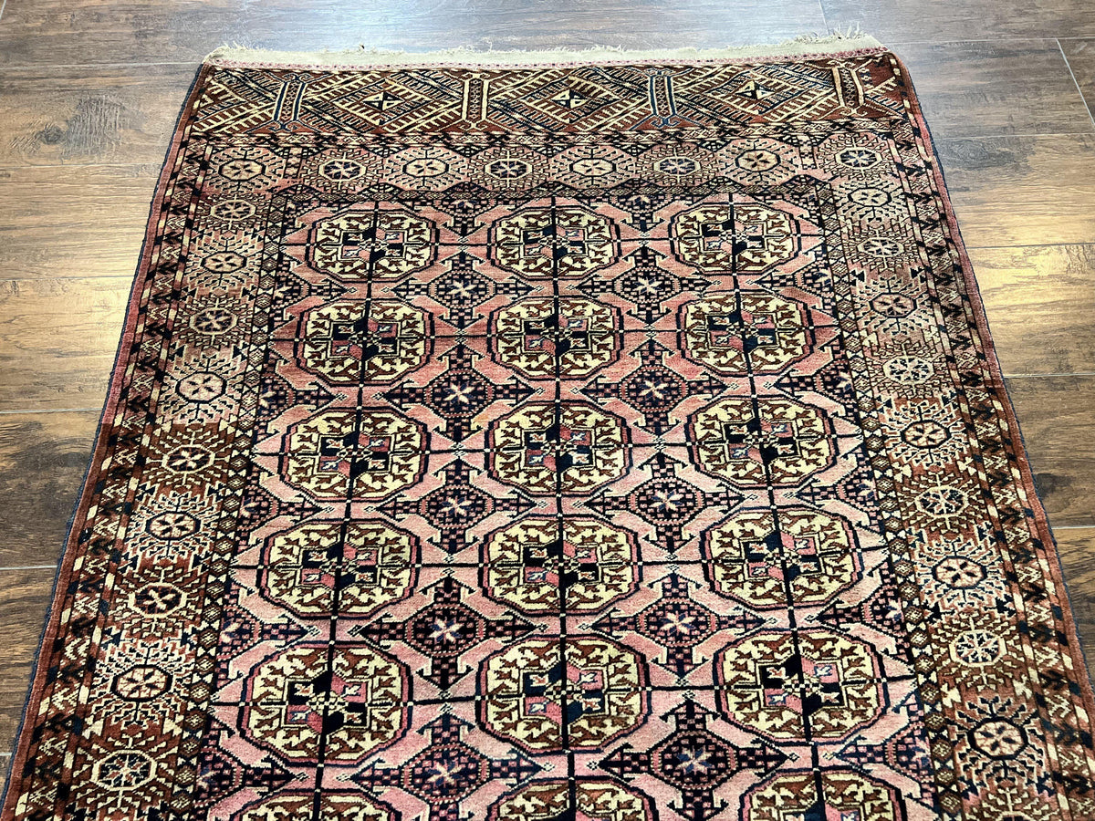 Persian Turkoman Rug 4x6, Wool Hand Knotted Antique Bokhara Carpet, Red Pink, Handmade Tribal Oriental Rug 4 x 6 ft - Jewel Rugs, view 3