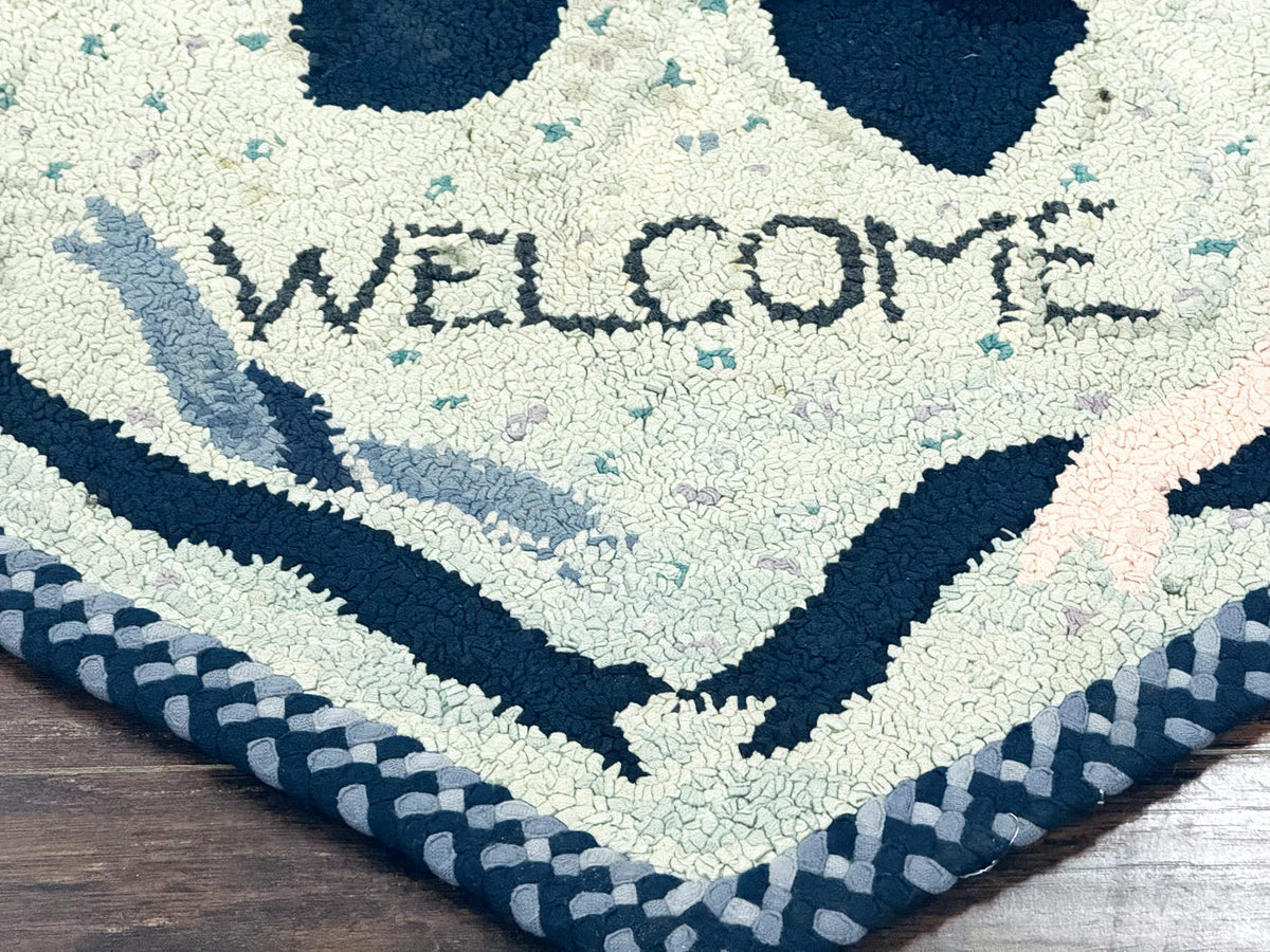 Small American Hooked Rug, Vintage Welcome Mat, Heart Shaped, Ivory and Blue - Jewel Rugs, view 6