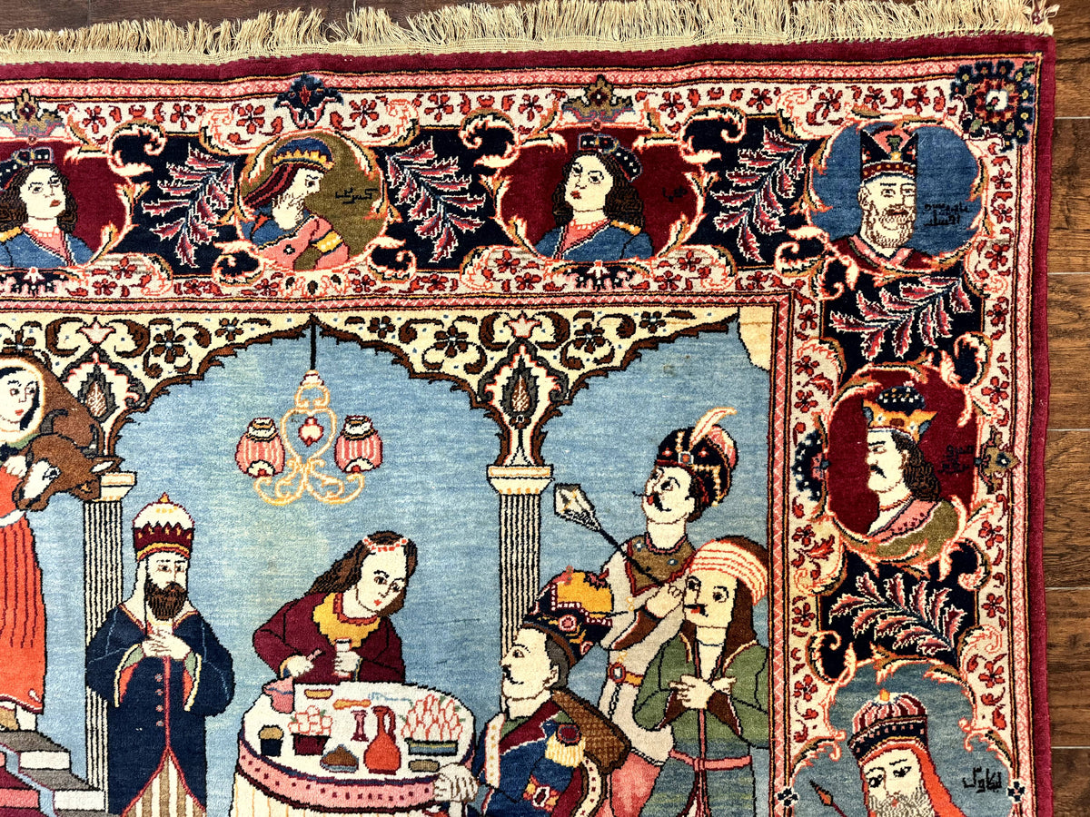 Rare Persian Kashan Pictorial Rug 6x9, King Bahram Hunting Scene, Persian Kings, Hand Knotted Persian Rug for Wall Hanging, Antique, Wool - Jewel Rugs, view 9