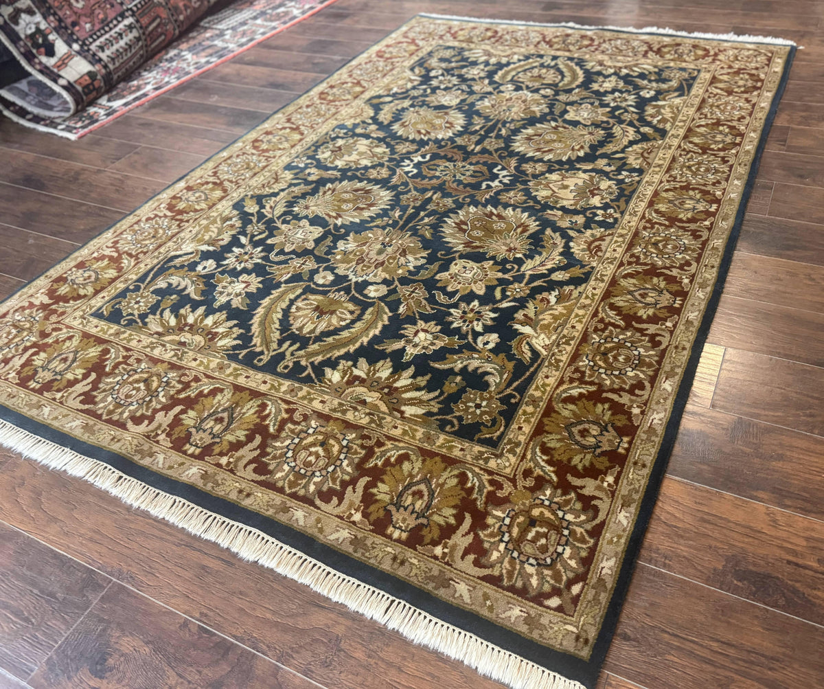 Indian Agra Rug 6x9, Floral, Traditional Rug, Dark Green Maroon Tan - Jewel Rugs, view 3