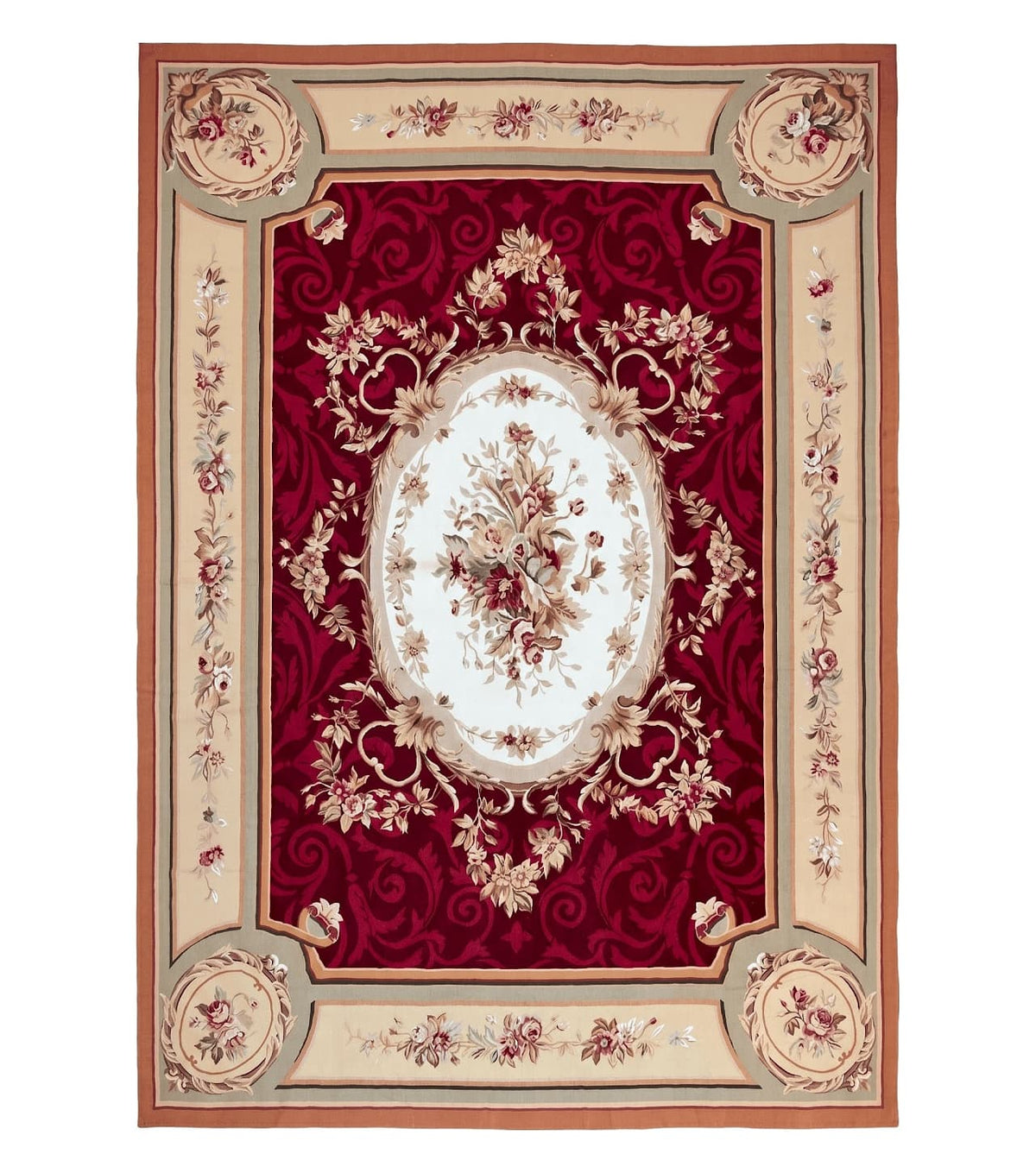 Large Aubusson Rug 10x14, Wool Handmade Vintage Carpet, Dark Red Ivory Tan, French European Elegant Aubusson Weave Rug - Jewel Rugs