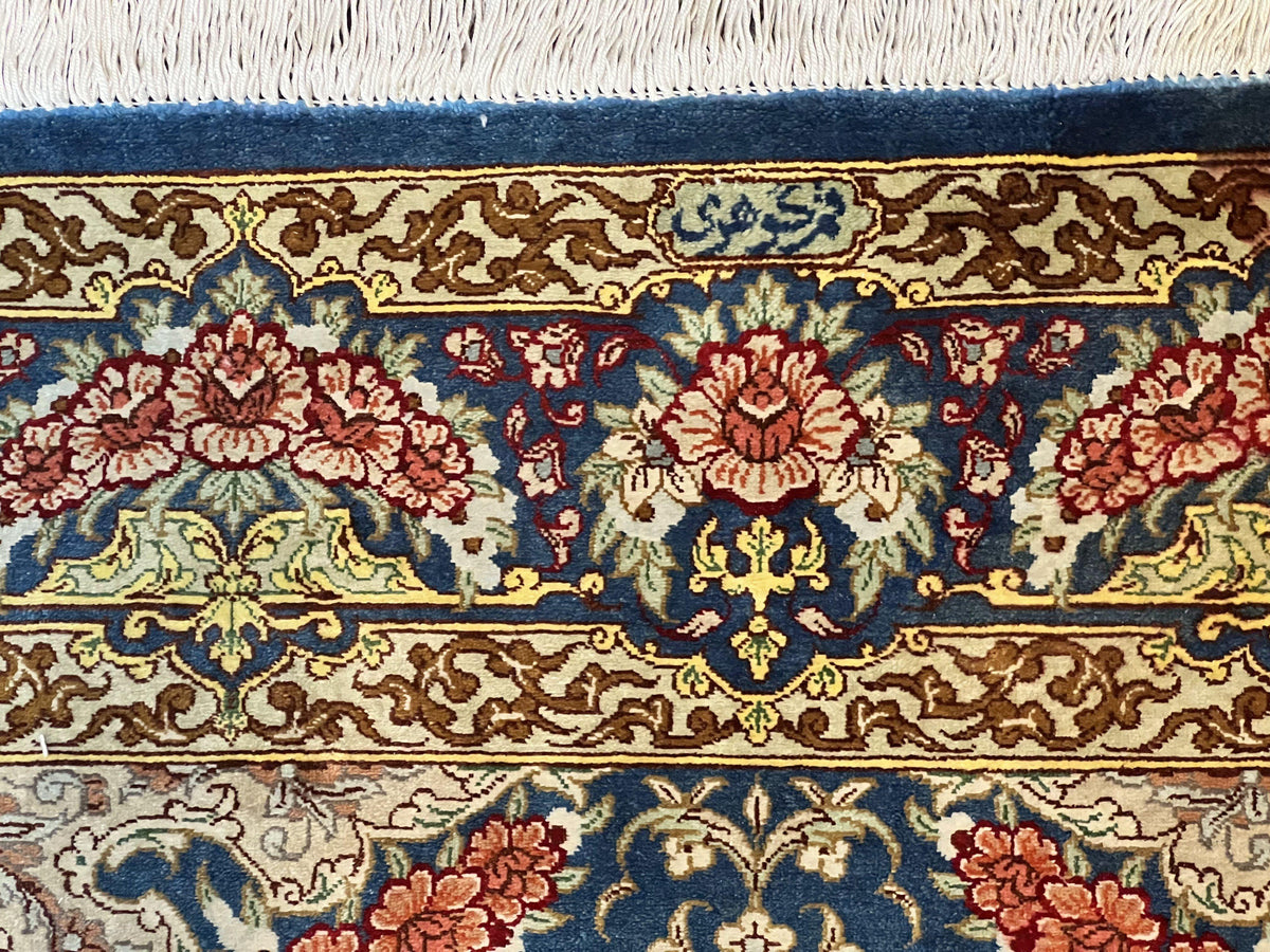 Magnificent Persian Qum Silk Rug 3x5, Blue, Super Fine 675 KPSI - 70 Raj, Floral Roses, Handmade Vintage Silk Carpet, Masterpiece - Jewel Rugs, view 12