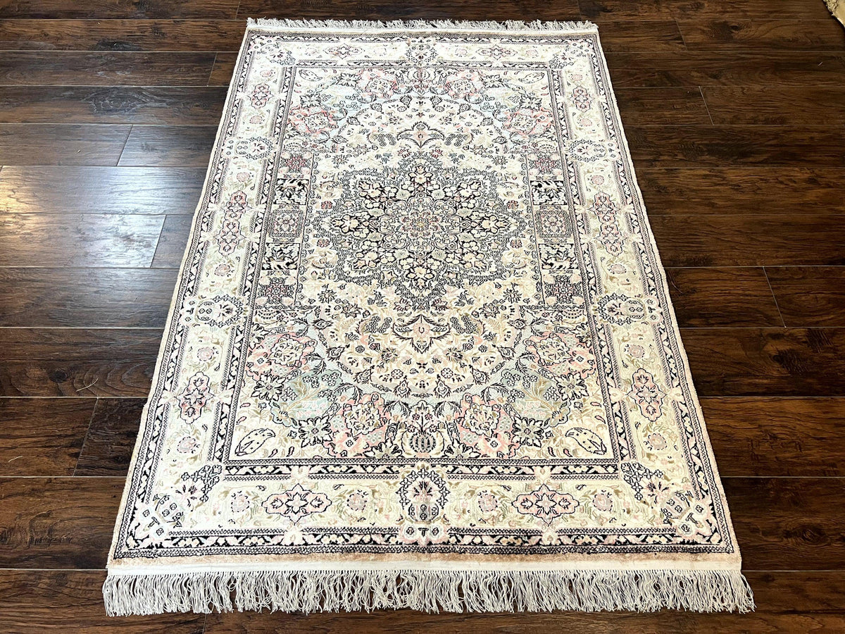 Silk Indian Kashmiri Rug 4x6, Handmade, Ivory, Fine 240 KPSI - Jewel Rugs