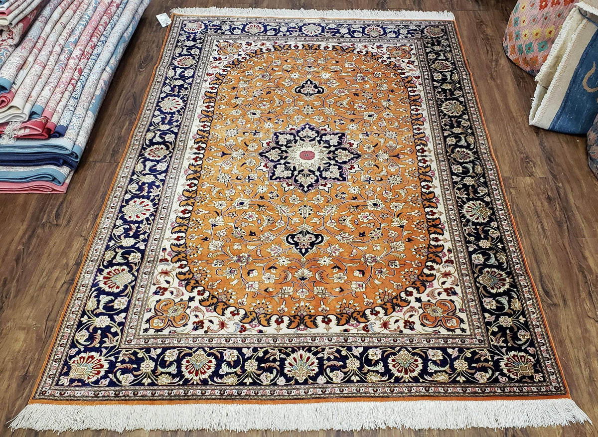Vintage Persian Qum Silk Rug 4.6 x 6.7, Burnt Orange and Navy Blue, Antique Oriental Very Fine Signature Master Weaver 350+ KPSI Ghom Qom 5x7 Rug - Jewel Rugs, view 2