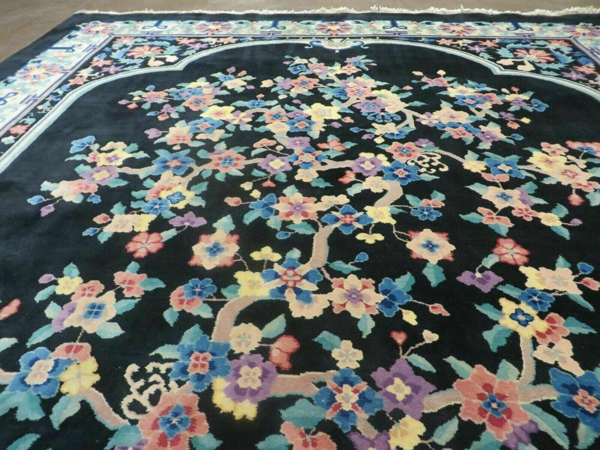 Black Chinese Wool Rug 8x10, Art Deco Floral Carpet, Soft Plush Pile - Jewel Rugs, view 13