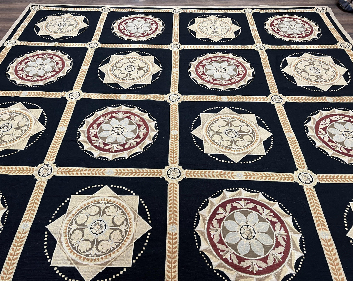 Large Needlepoint Rug 10x13, Panel Design, Black and Beige, Wool Needlepoint Carpet 10 x 13, English Garden, Handwoven Area Rug, Living Room - Jewel Rugs, view 12
