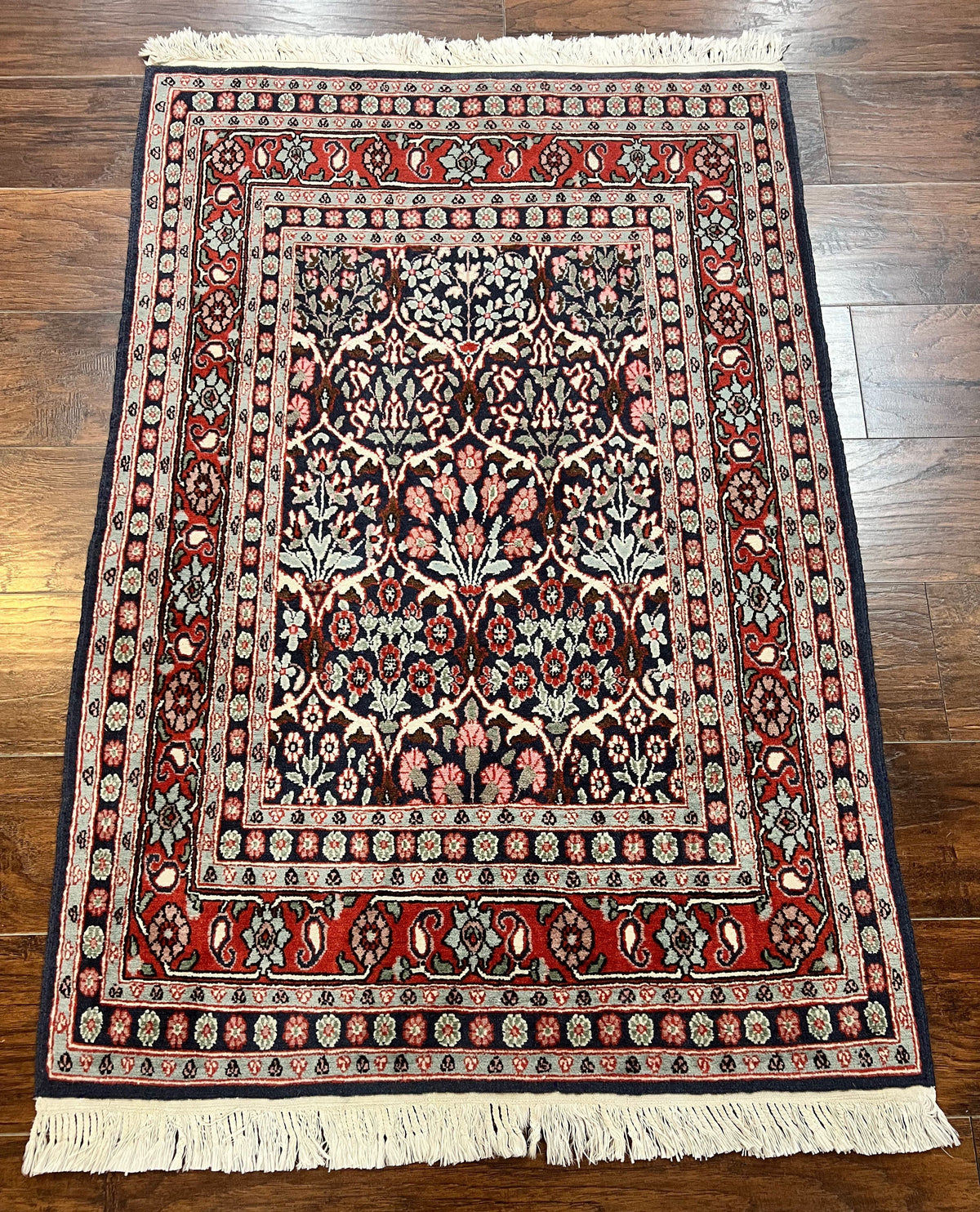 Pak Persian Rug 3x4, Wool Hand Knotted Vintage Traditional Carpet, Navy Blue & Red, Very Fine Small Handmade Floral Rug - Jewel Rugs, view 2