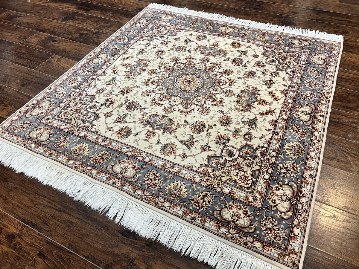 Sino Persian Square Rug 5x5, Very Fine Oriental Carpet, Wool & Silk Highlights, Ivory, Hand Knotted Handmade Vintage Traditional Rug - Jewel Rugs, view 3