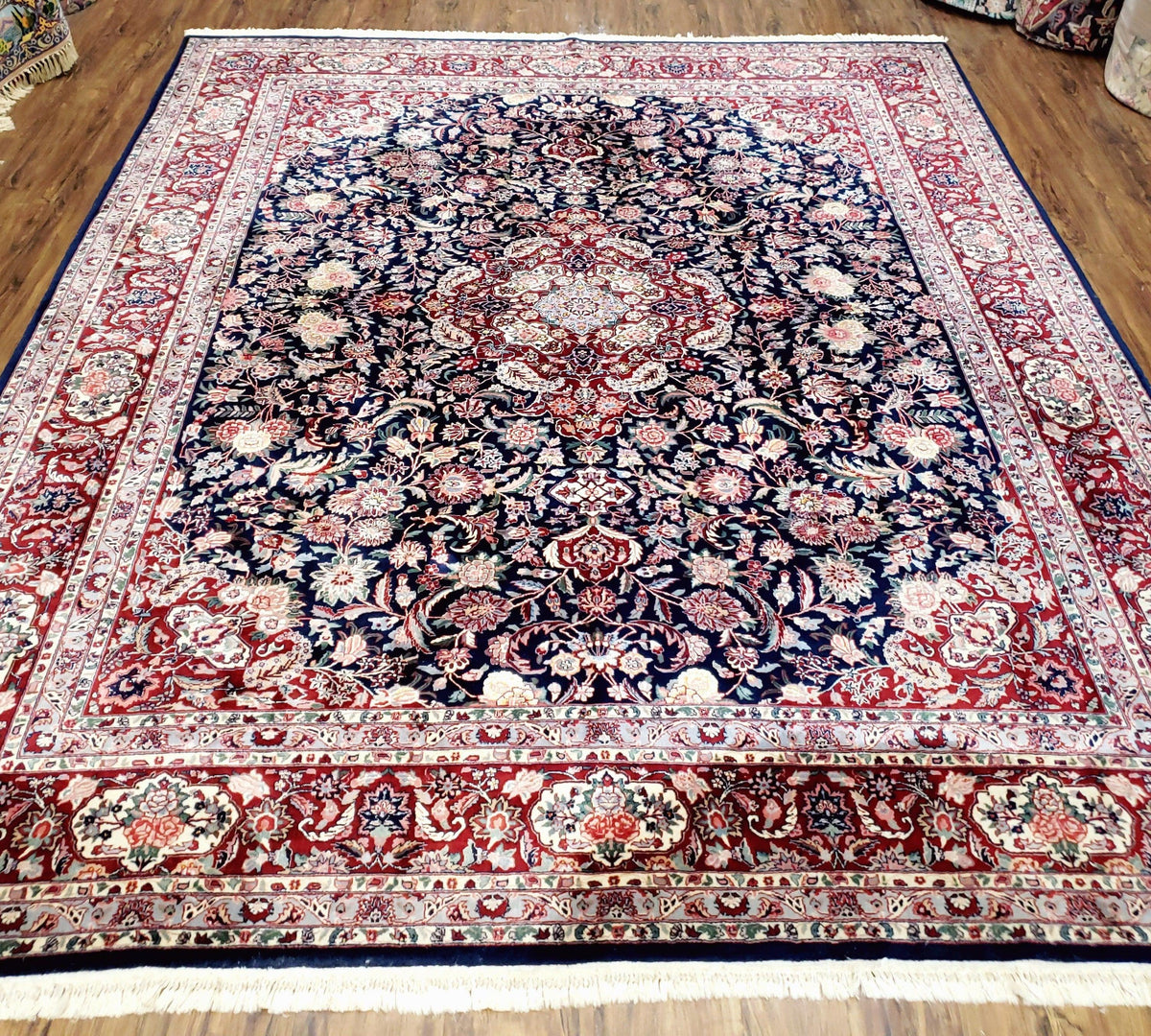 Vintage Dark Blue Persian Room Sized Rug 8x10, Wool & Silk Highlights Hand-Knotted Midnight Blue Red Floral Carpet, 8 x 10 Living Room Rug - Jewel Rugs