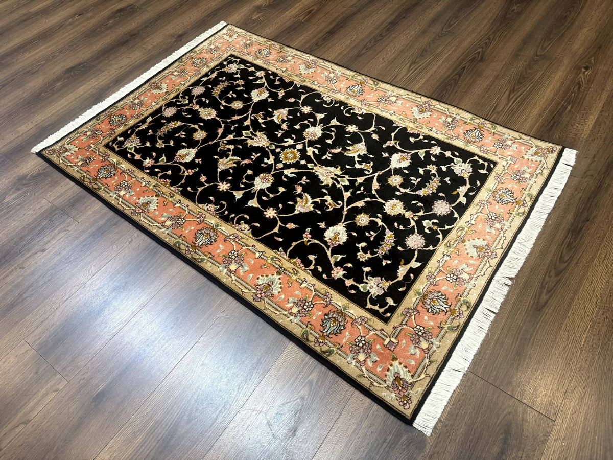 Persian Tabriz Rug 3x5 Black and Salmon Floral Fine Handmade 360 KPSI - Jewel Rugs, view 13