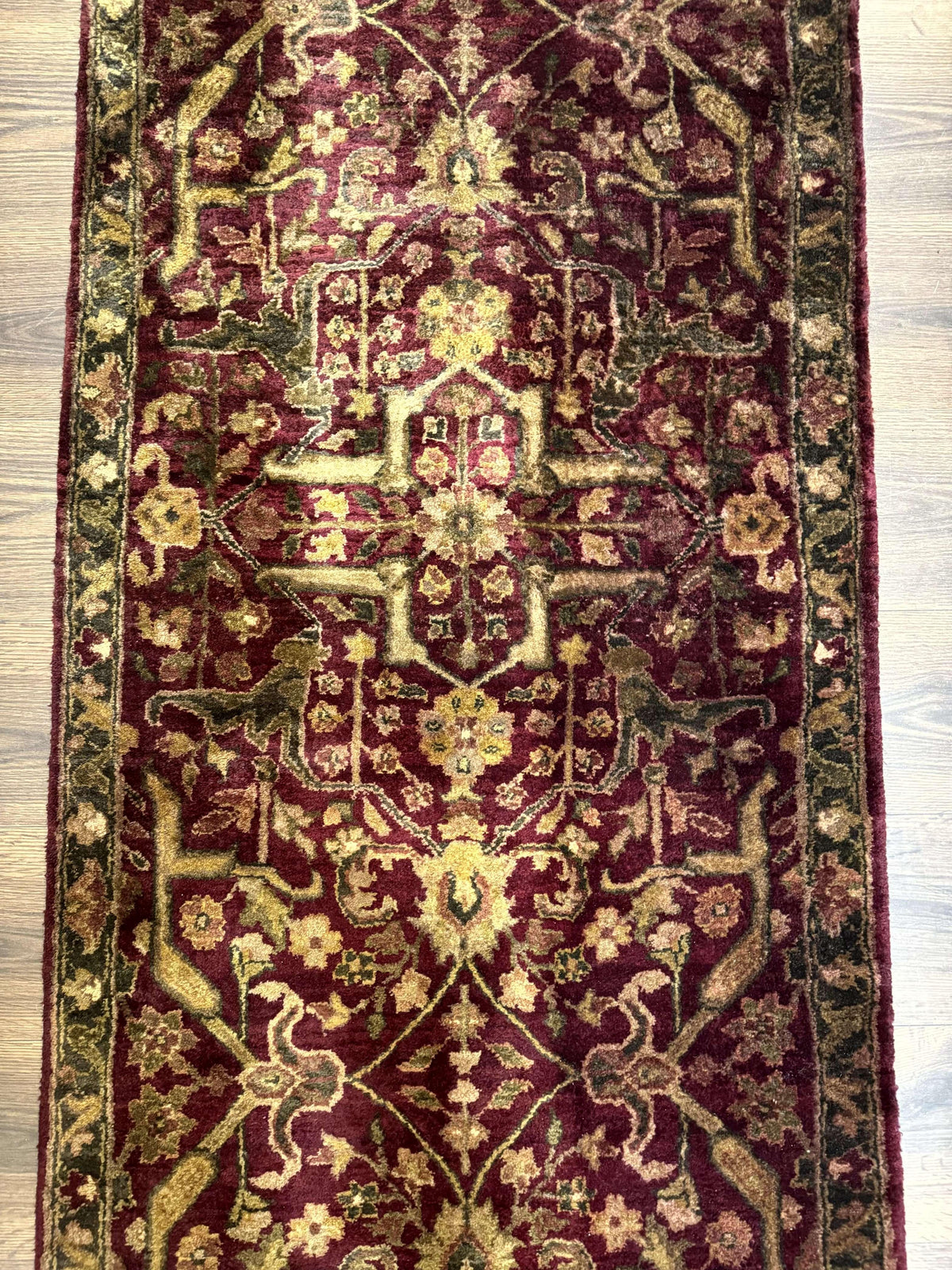 Indo Persian Runner Rug 2.7 x 13.8, Maroon, Wool, Handmade Indian Rug for Hallway - Jewel Rugs, view 4