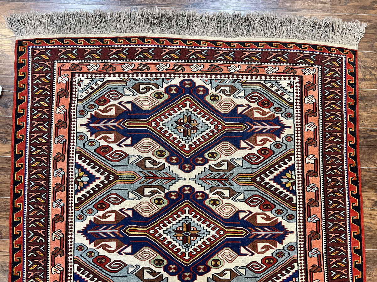 Russian Soumak Rug 6x8, Wool Handmade Antique Kilim Carpet, Multicolor 6 x 8 Geometric Medallions Caucasian Rug, Medium Size - Jewel Rugs, view 4