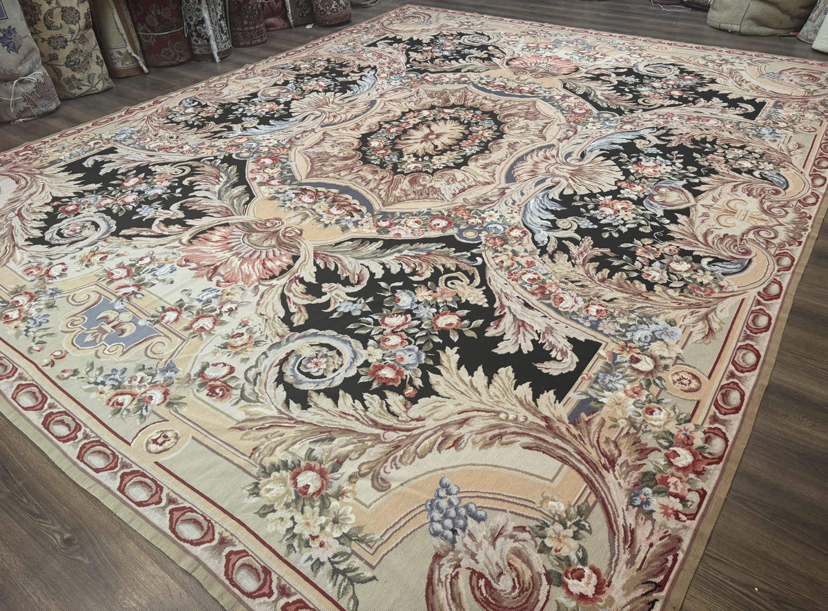 Wonderful Needlepoint Rug 10x14, Large Aubusson Carpet, Floral, Elegant, European Design - Jewel Rugs, view 3