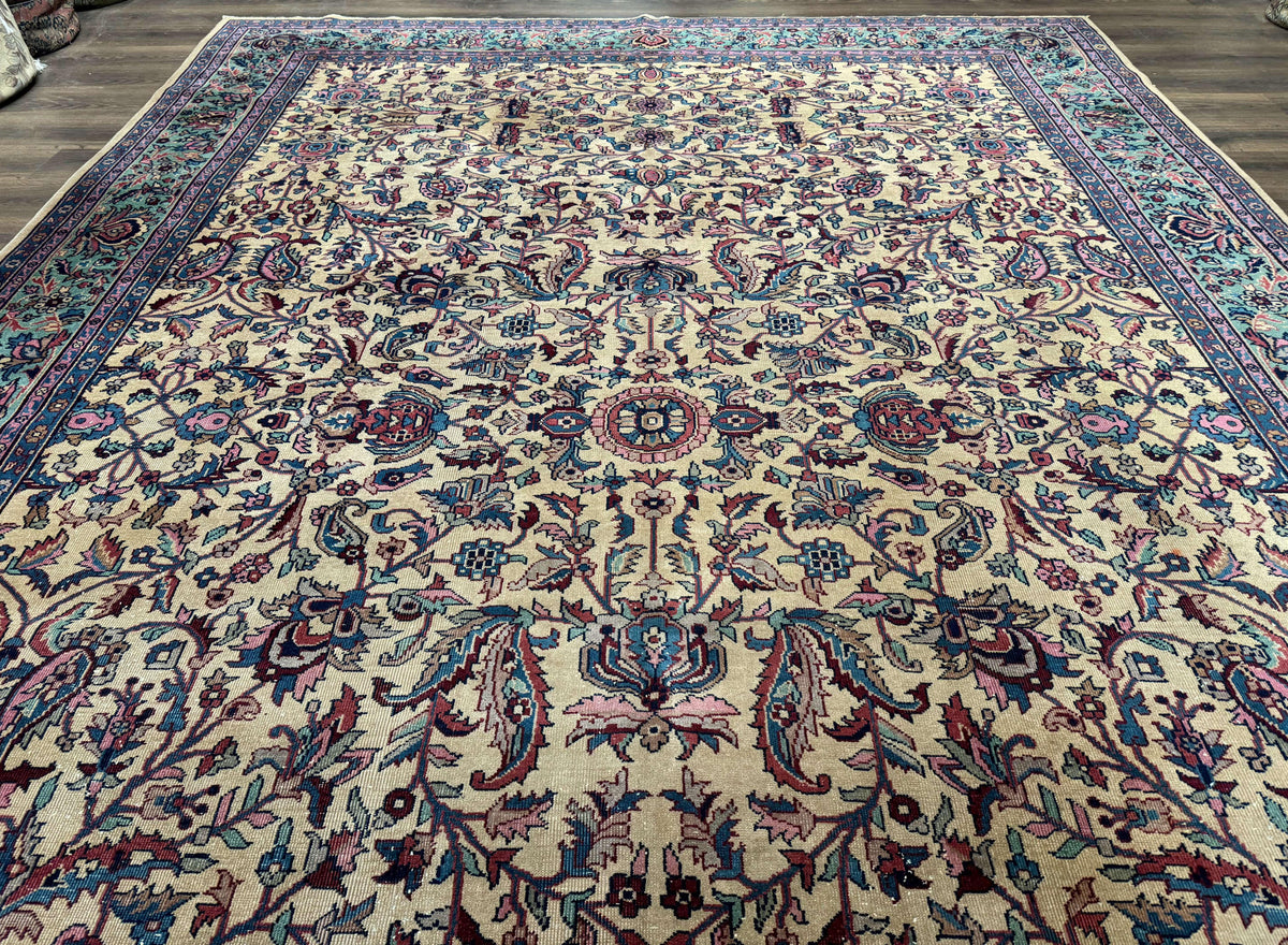 Antique Persian Rug 10x15, Camel and Cyan, Allover Pattern, Rare, Samarkand Rug - Jewel Rugs, view 4