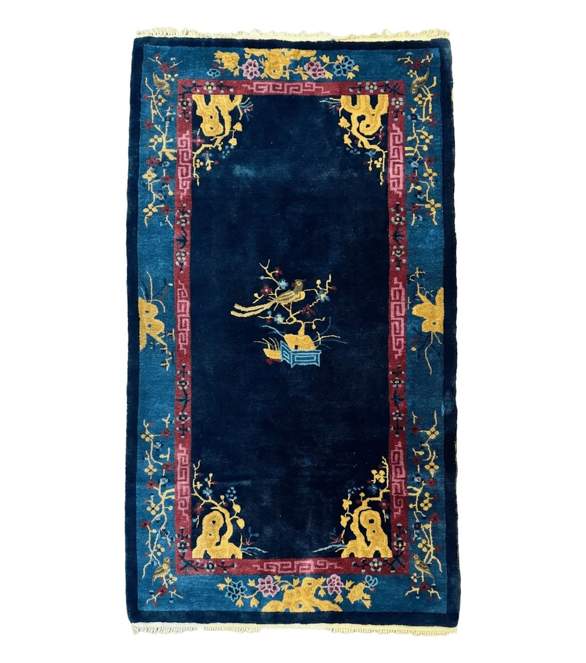 Antique Chinese Peking Rug 3x6, Dark Blue, Bird Motif, Handmade Wool Art Deco Asian Oriental Carpet, Pair B - Jewel Rugs