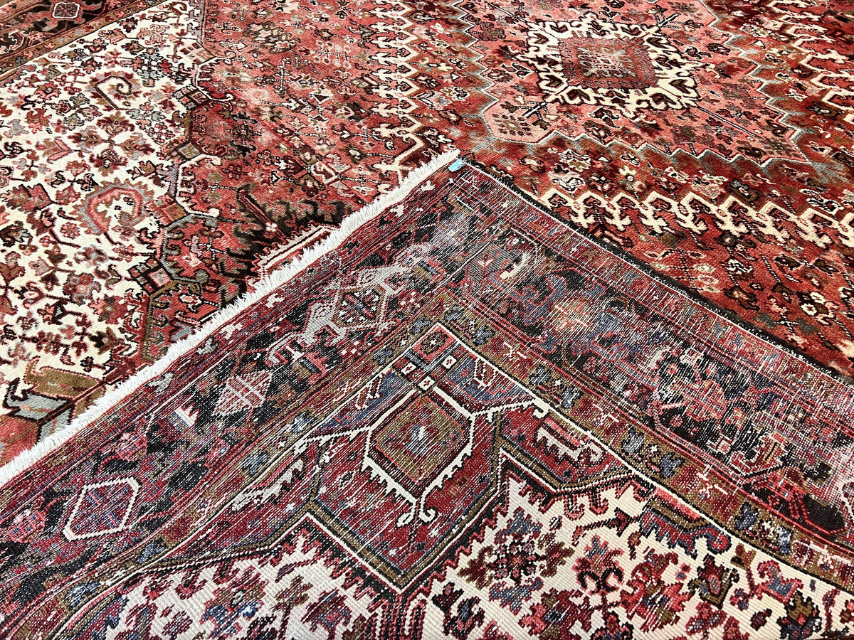 Large Persian Heriz Rug 10x13, Red and Cream Geometric Tribal Room Sized Handmade Wool Hand Knotted Semi Antique Decorative Oriental Carpet - Jewel Rugs, view 11