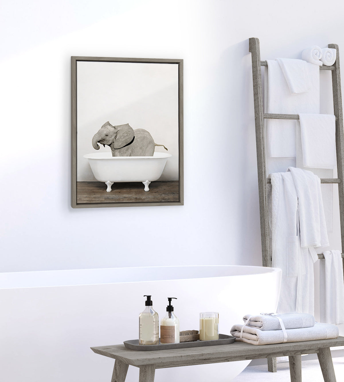 Sylvie Baby Elephant in the Tub Color Framed Canvas by Amy Peterson Art Studio