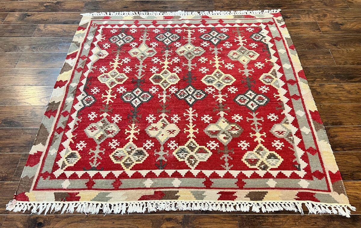 Indian Kilim Rug 6x6, Square Kilim Flatweave Carpet, Vintage Handmade Wool Rug, Red - Jewel Rugs, view 2