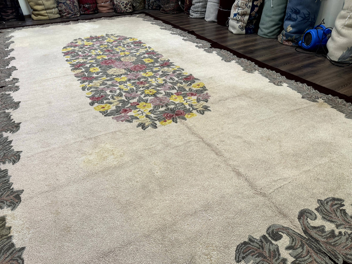 Palace Size American Hooked Rug 11x20 Aubusson Style Ivory - Jewel Rugs, view 3