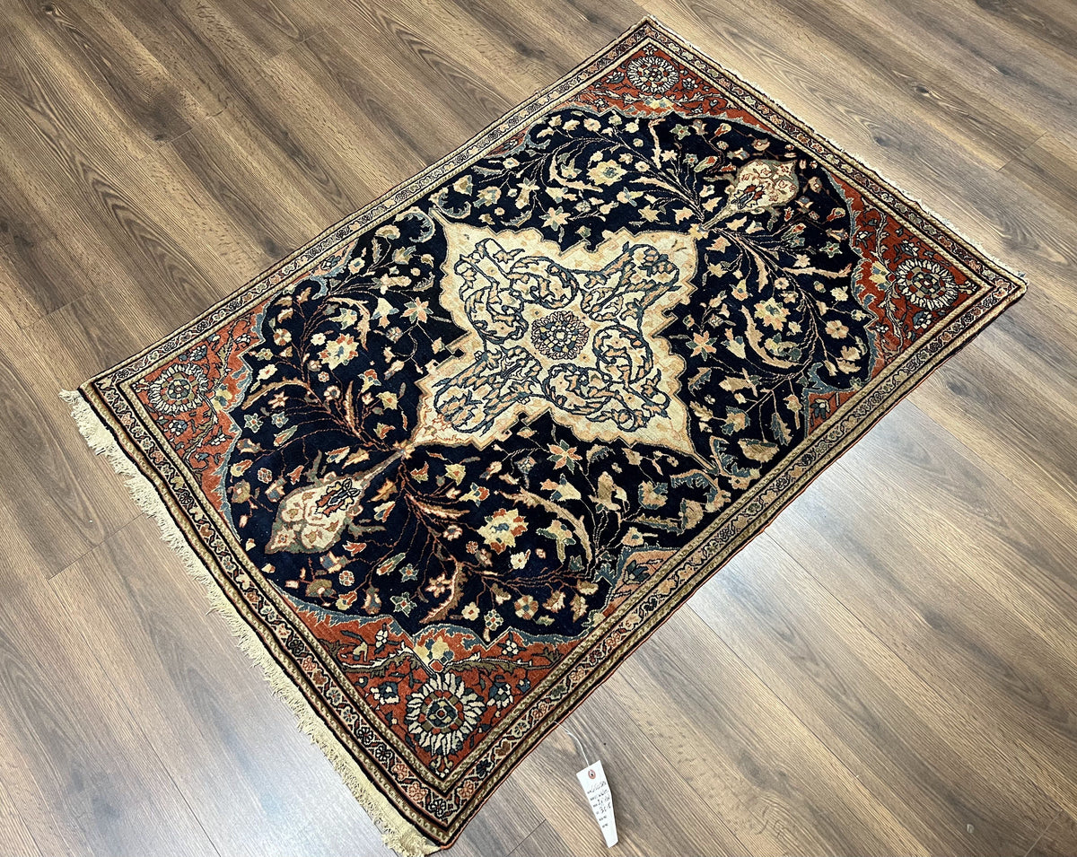 Antique Persian Rug 3.5 x 5, Sarouk Farahan Rug, High Quality 1920s Fine Oriental Carpet 3 x 5 ft, Large Medallion, Floral, Navy Blue Red, Hand Knotted Wool Rug - Jewel Rugs, view 12