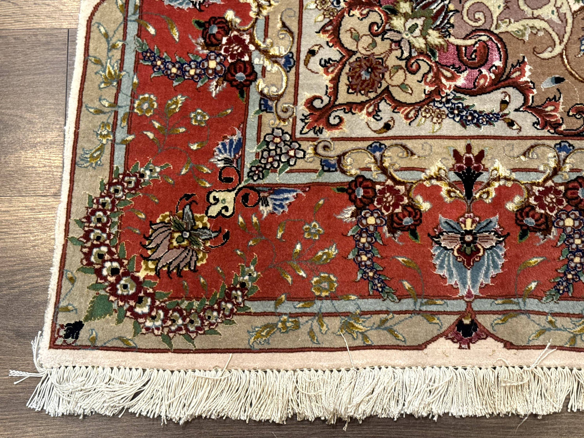 Wonderful Persian Tabriz Rug 5x7, Very Fine 440 KPSI, Ivory and Coral, Rare - Jewel Rugs, view 9