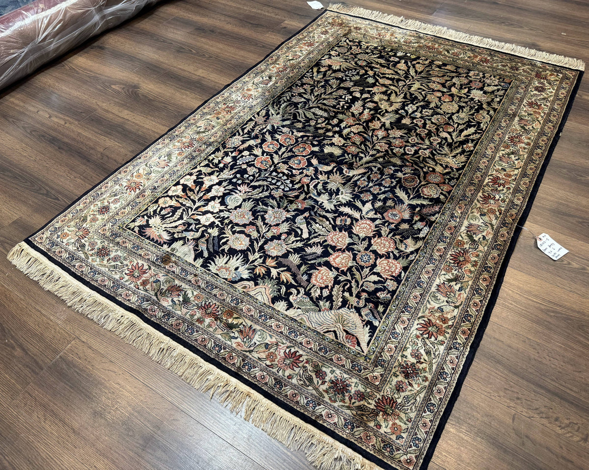 Silk Rug 4x6, Black and Cream, Floral & Bird Pictorials, Fine 330 KPSI, Sino Persian Rug - Jewel Rugs, view 3