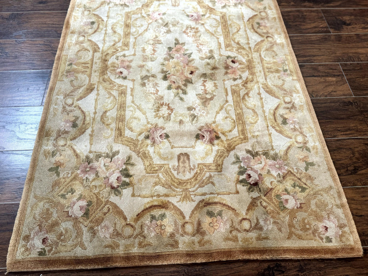 Chinese Aubusson Rug 3.6 x 5, Beige and Gold, Handmade Vintage Elegant European Design Carpet, Plush Wool, Handmade - Jewel Rugs, view 6