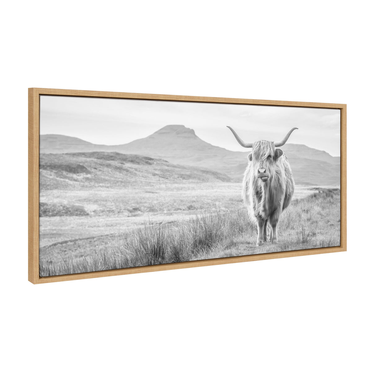Sylvie Highland Cow Mountain Landscape Black and White Framed Canvas by The Creative Bunch Studio