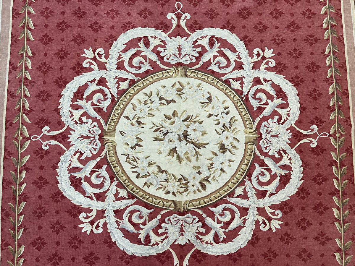 Aubusson Rug 9x12 ft, Red and Ivory Elegant Aubusson Carpet, Flatweave, Vintage Wool Handmade Area Rug 9 x 12, French European Design - Jewel Rugs, view 5