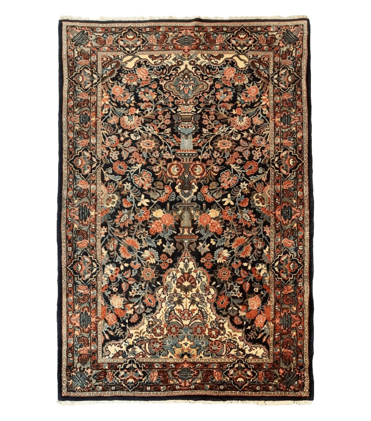 Persian Saoruk Rug 4x5, Navy Blue and Red, Floral, Antique Persian Wool Carpet, Handmade - Jewel Rugs