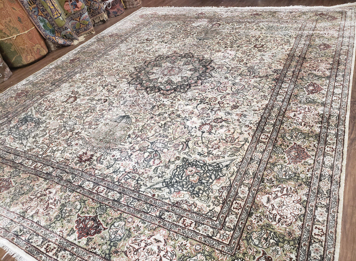 Vintage Indian Room Sized Silk Rug 8x10, Indo Kashmiri Carpet, Hand-Knotted Persian Oriental Carpet, Floral Medallion Allover Pattern, Ivory - Jewel Rugs, view 2