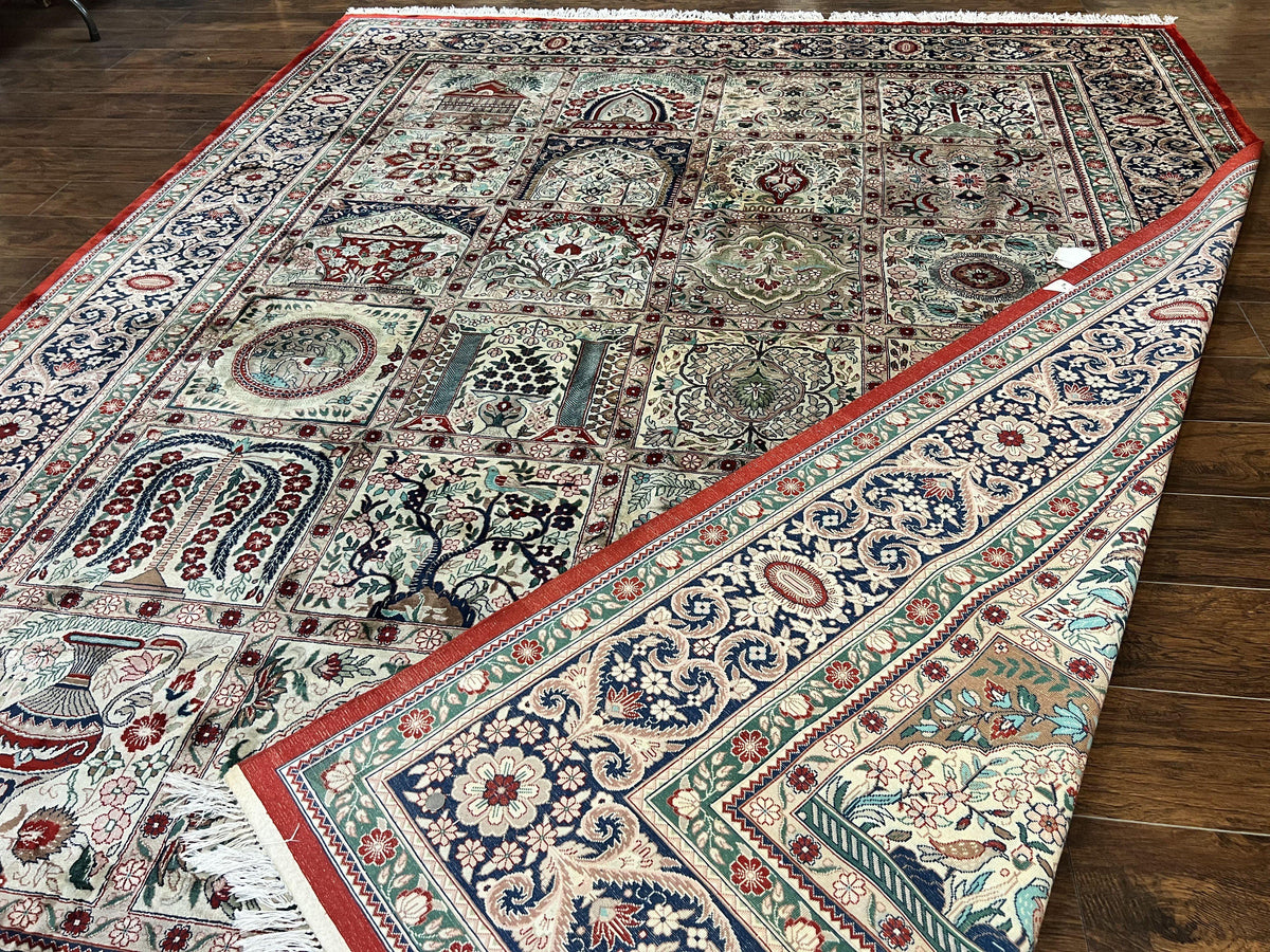Silk Sino Persian Rug 9x12, Panel Design, Garden of Eden Pattern, Fine 200 KPSI, Hand Knotted Room Sized Silk Carpet, Vintage - Jewel Rugs, view 12