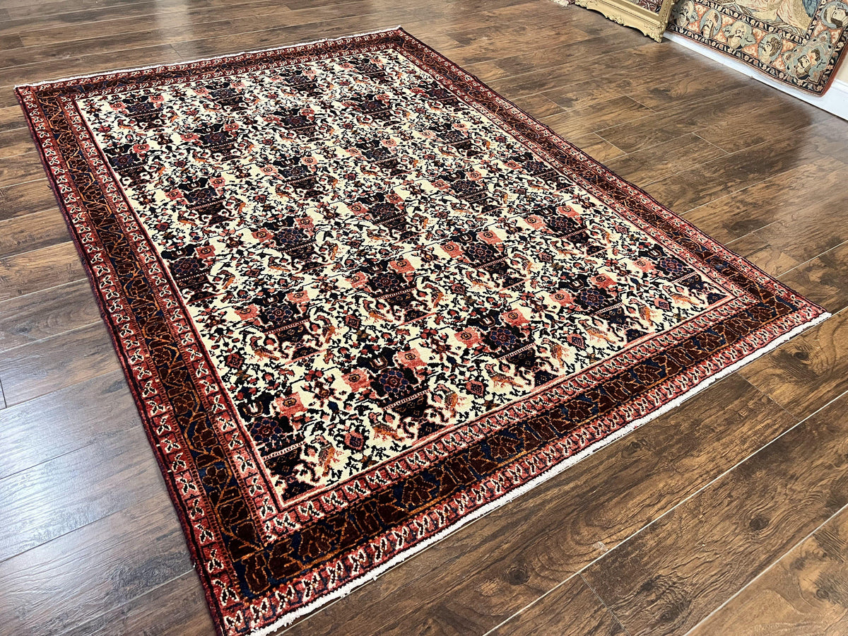 Persian Afshar Rug 6x8, Wool Hand Knotted Semi Antique Vintage Carpet, Floral Allover, Repeated Birds Flowers Vases Motifs - Jewel Rugs, view 13