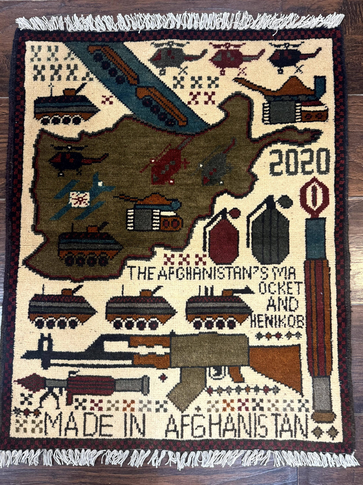 Afghan War Rug, Helicopters Tanks Guns, Handmade, Wool, 2x3 - Jewel Rugs, view 6