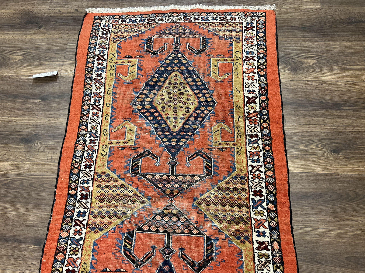 Rare Persian Tribal Runner Rug 3 x 11, Sarab Serab Persian Runner, Antique 1920s Collectible Geometric Medallions Oriental Wool Runner, Hand Knotted, Bright Orange-Red - Jewel Rugs, view 3