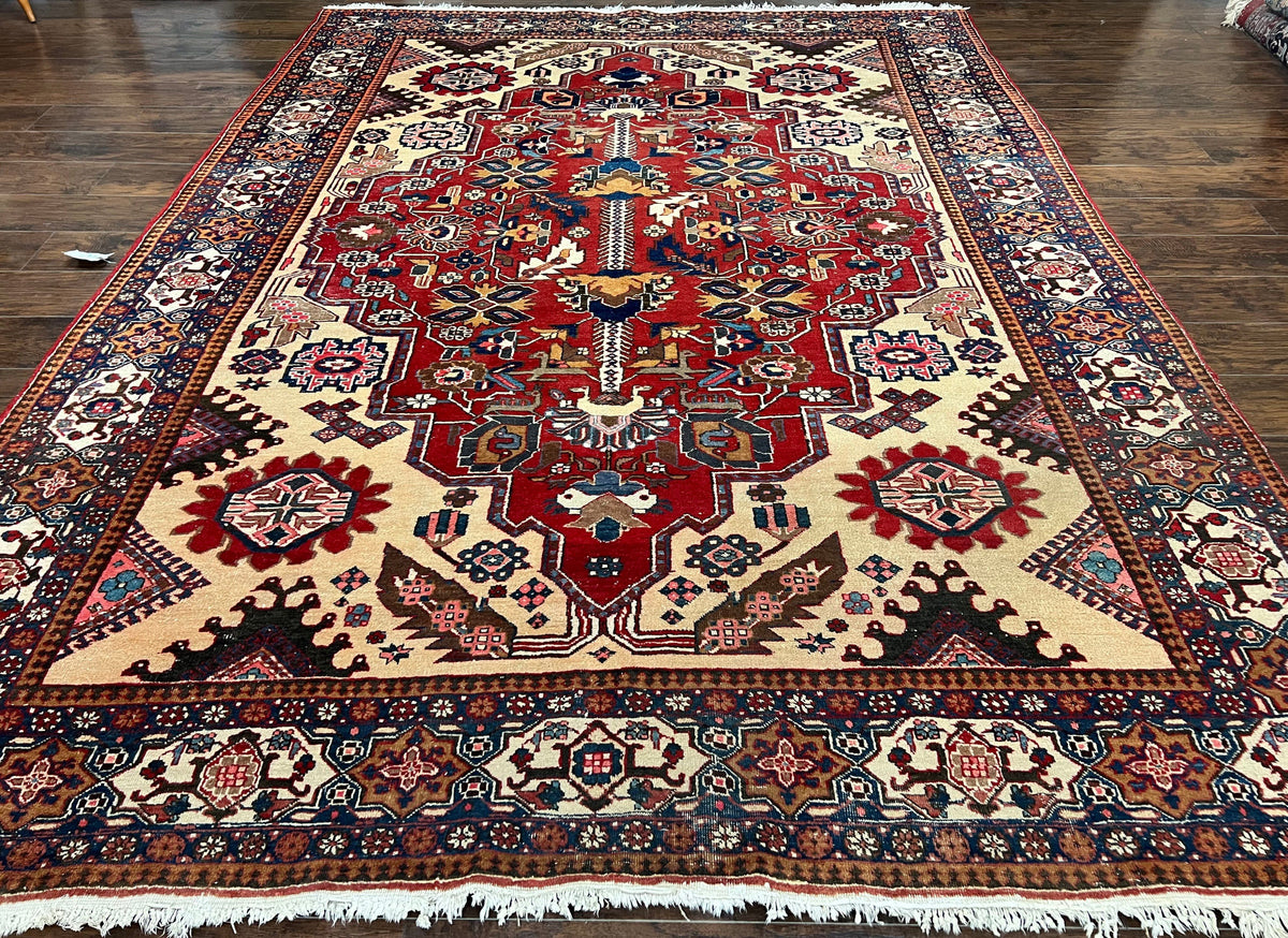Antique Persian Heriz Rug 8x12 ft, Geometric Tribal Room Sized Carpet, Camel Hair Red Navy Blue, Wool Hand Knotted Medallion Oriental Carpet - Jewel Rugs, view 2