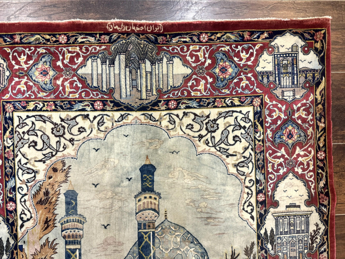 Persian Isfahan Pictorial Rug 3.6 x 5.7, Very Fine 400 KPSI, Historical Buildings, Signed By Masterweaver, Handmade - Jewel Rugs, view 8