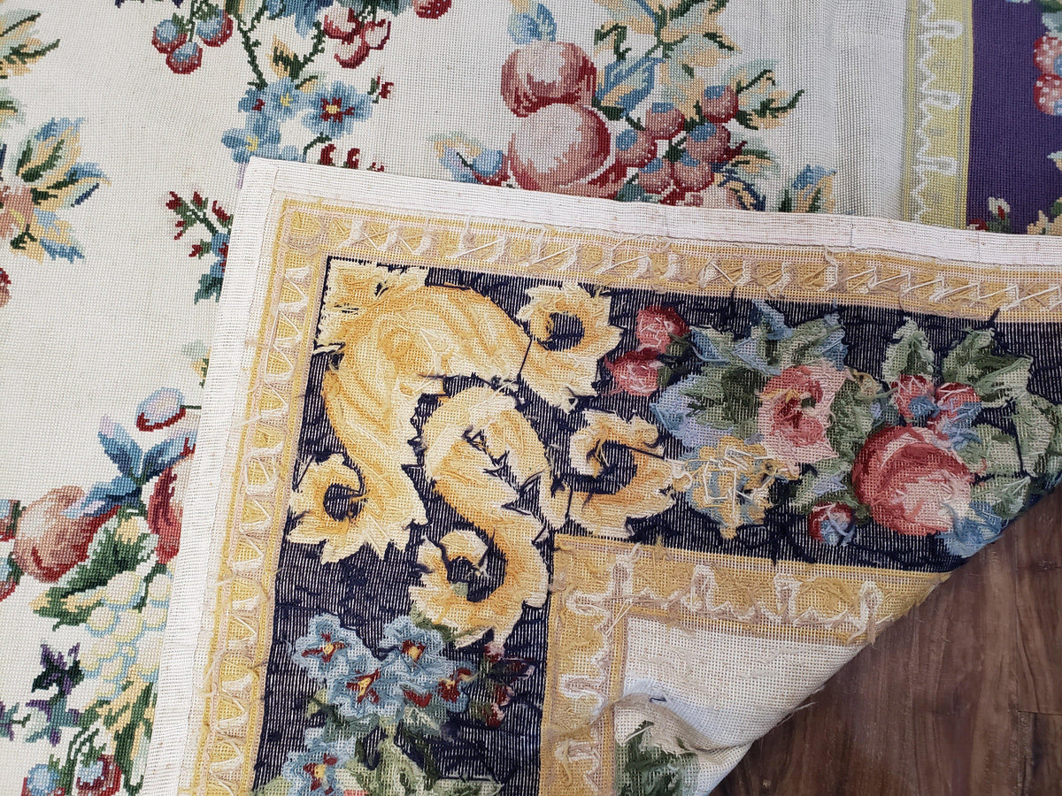 Vintage Chinese Floral Needlepoint Area Rug 6x9, Wool Hand-Woven Handmade Flatweave Rug, Ivory & Purple, Fruits Grapes Apples, Dining Room - Jewel Rugs, view 11