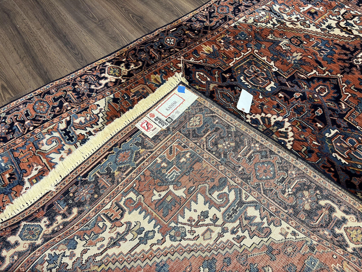 Heriz Rug 5.6 x 8, Geometric Medallion, Wool Oriental Carpet, Tribal Boho Rug, Red Navy Blue Cream, Belgium Power Loomed Rug, Medium Sized - Jewel Rugs, view 12