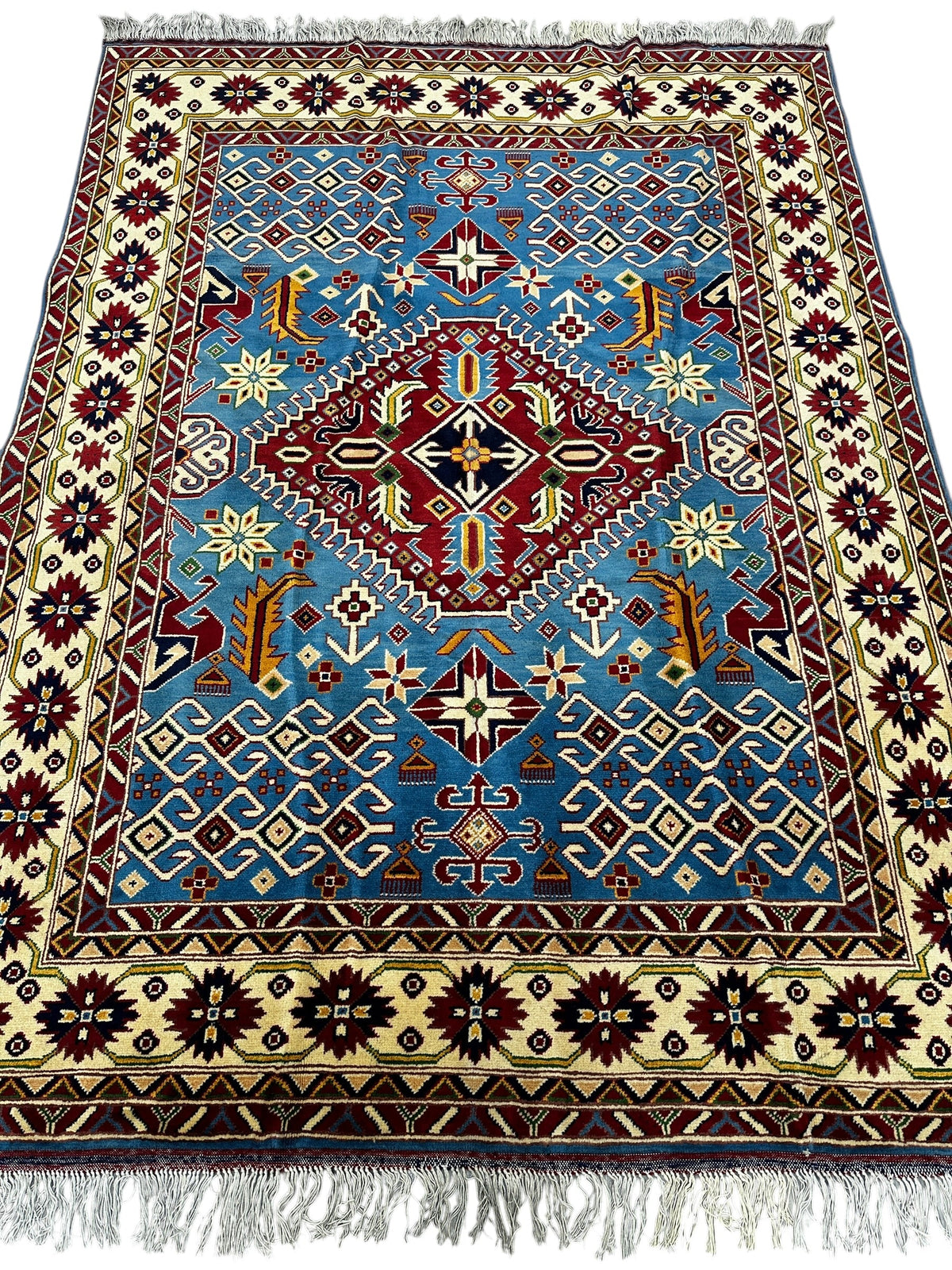 Afghan Kazak Rug 5x7 | Light Blue, Ivory & Burgundy | Hand-Knotted Wool - Rugistan, view 2