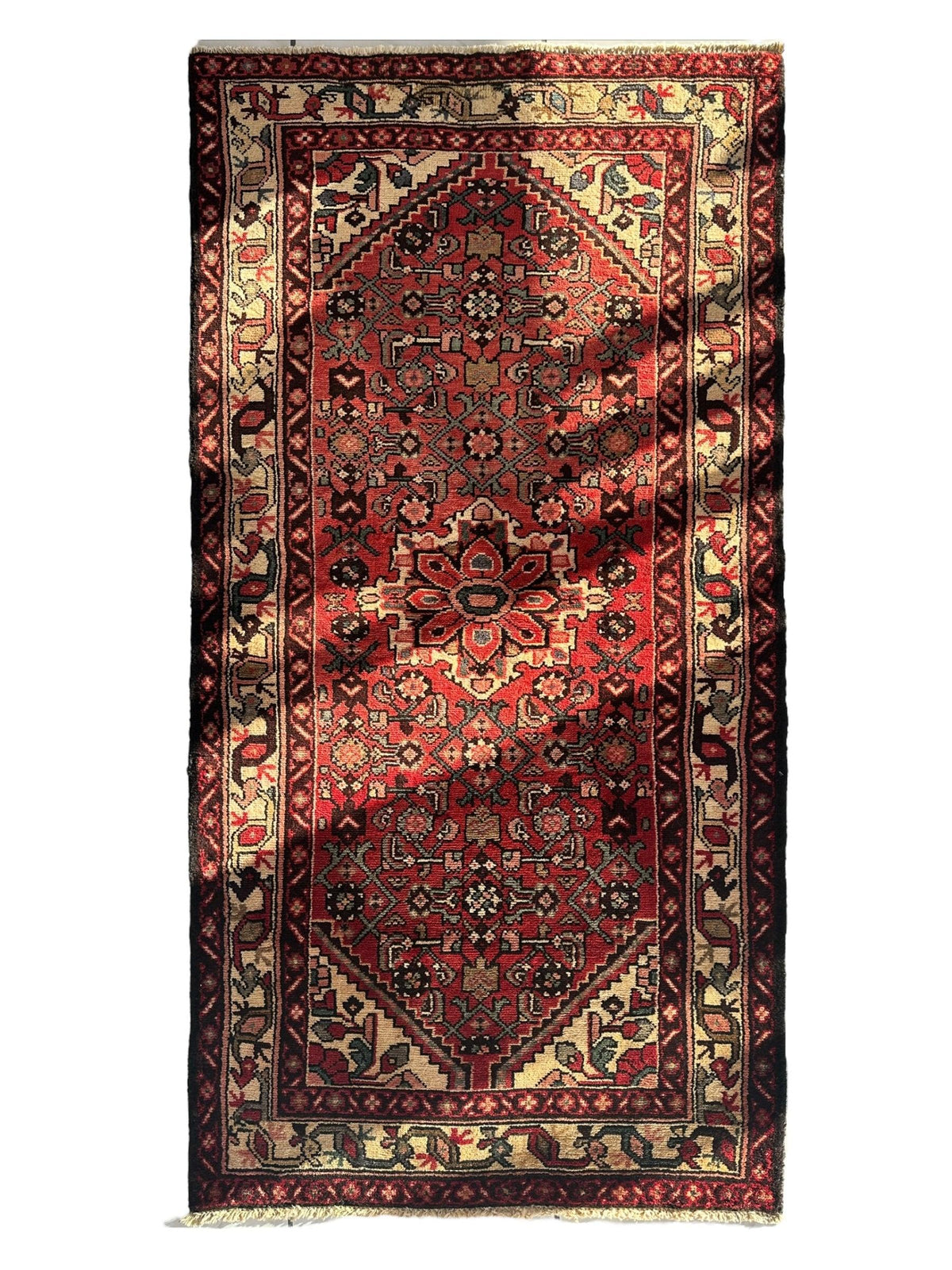 Antique Persian Hamadan Rug 4x7 | Red, Navy & Ivory | Hand-Knotted Wool - Rugistan
