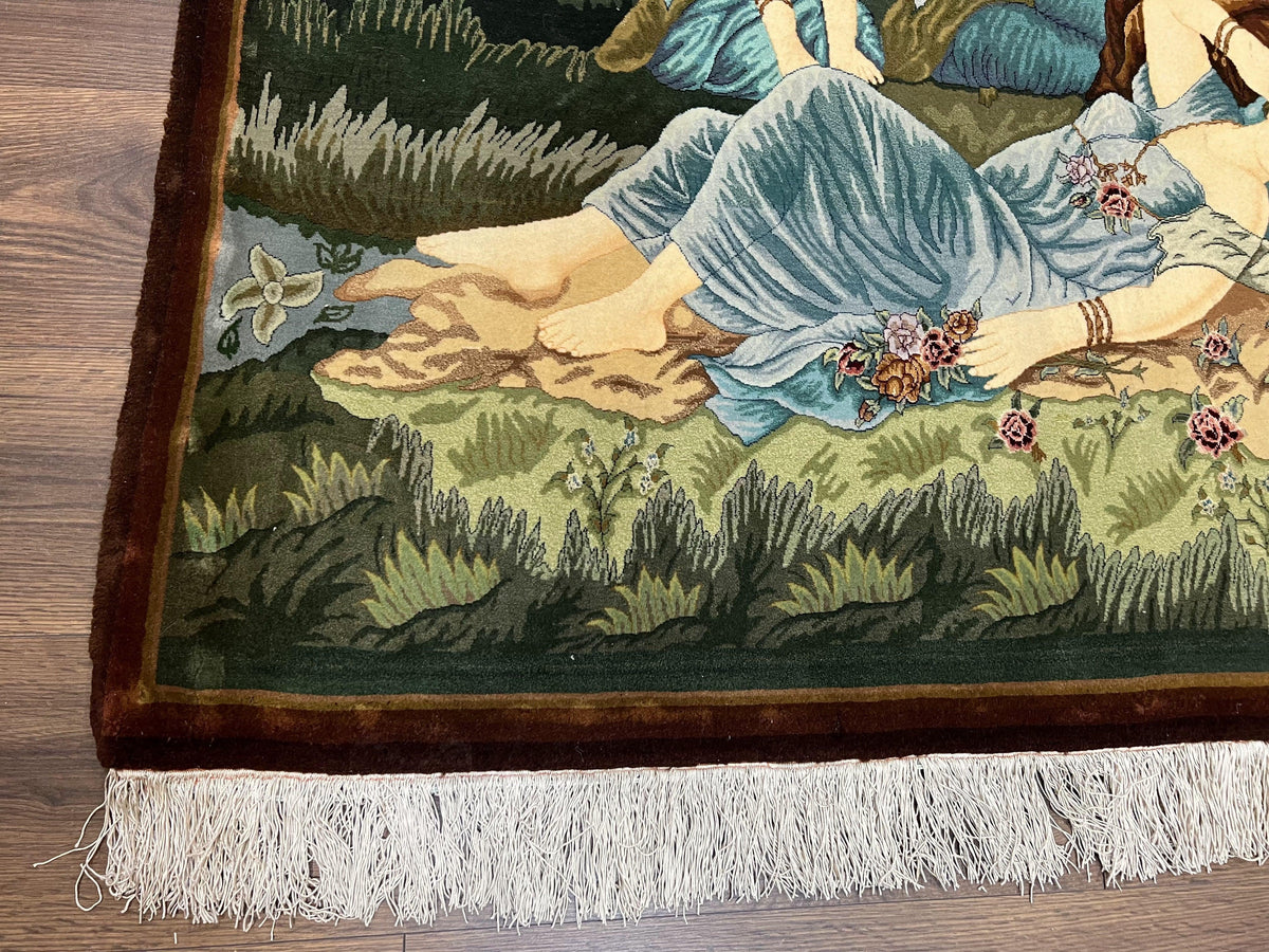 Persian Tabriz Pictorial Rug 5x3, Women Laying By River, Super Fine 60 Raj 480+ KPSI, Hand Knotted Wool Rug, Semi Antique Vintage Oriental Carpet - Jewel Rugs, view 8