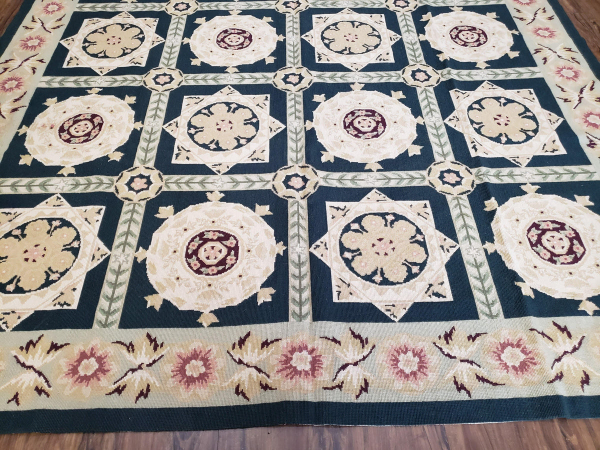 Vintage Chinese Needlepoint Rug 6x9, Panel Design Area Rug Wool Hand-Woven Black & Ivory Carpet Flat Weave Bedroom Rug 6 x 9 Living Room Rug - Jewel Rugs, view 6