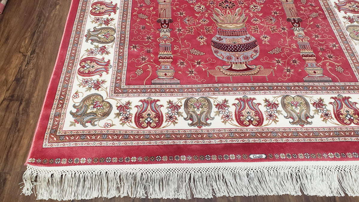 4 x 6 Silk Carpet Red, Traditional Oriental Rug 4x6, Flower Vase Columns, Turkish Rug New, High Quality, Bamboo Silk, Area Rug - Jewel Rugs, view 10